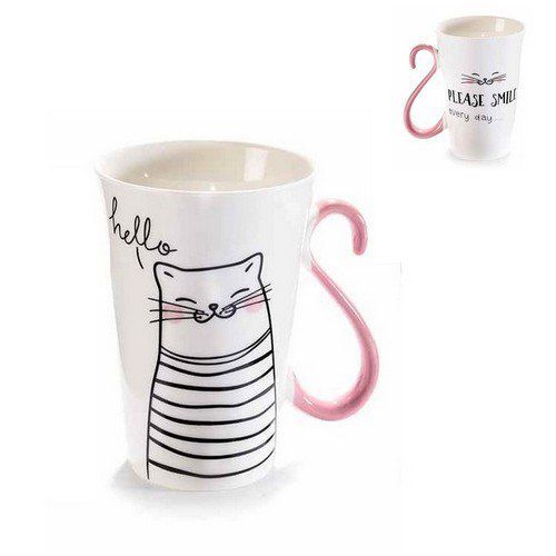  Mug  en porcelaine chat dessin  queue rose  toutenchat com