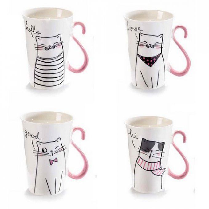 Mug  en porcelaine chat dessin queue rose
