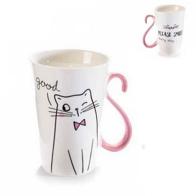 Mug  en porcelaine chat dessin queue rose