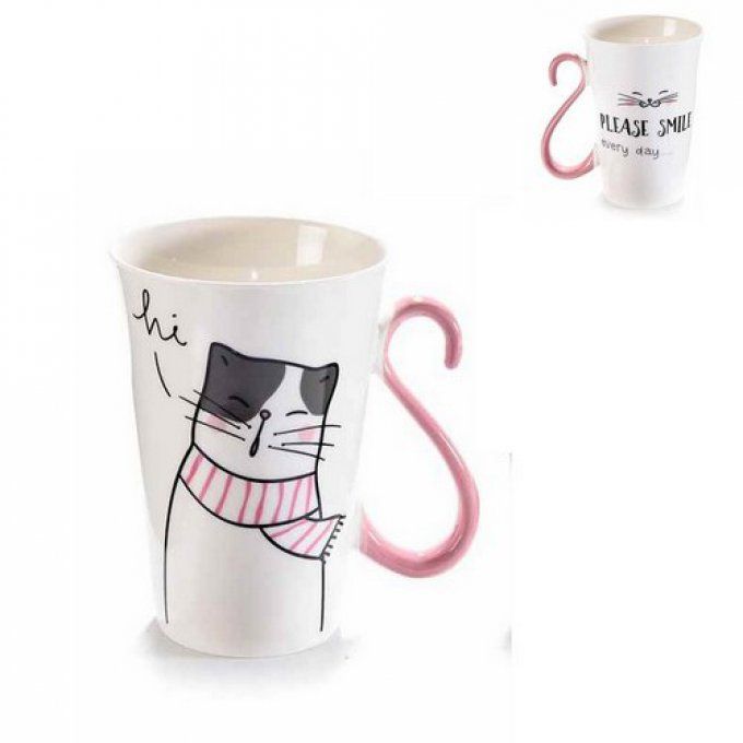 Mug  en porcelaine chat dessin queue rose