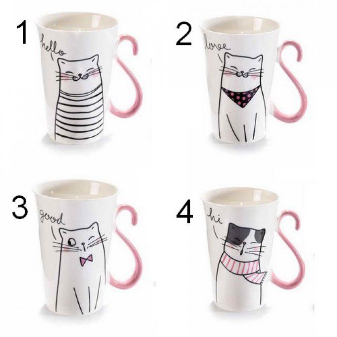 Mug  en porcelaine chat dessin queue rose