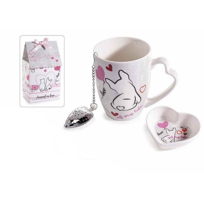 Tasse chien love en porcelaine de 350 ml avec soucoupe et filtre en fer.