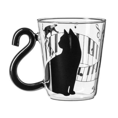Tasse en verre chat noir musicien.