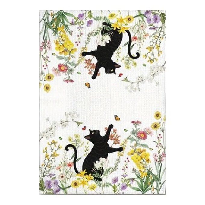 Torchon chat noir dans les fleurs