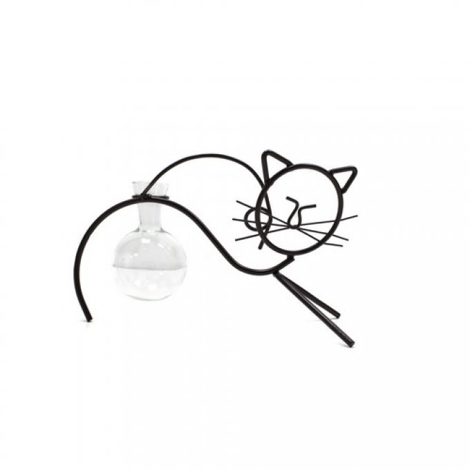 Chat en métal noir et son petit vase
