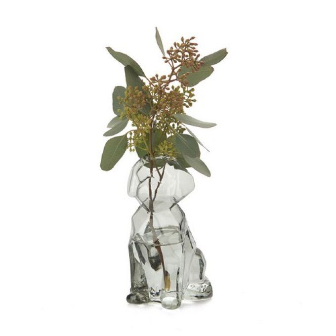 Vase gris en verre en forme de chien à facette