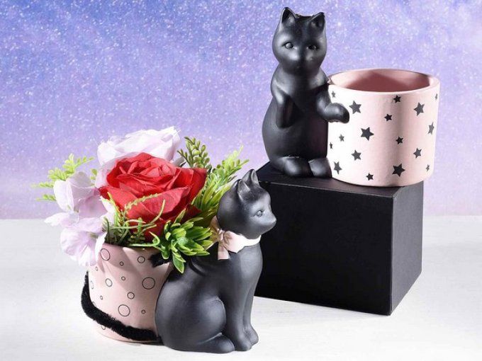 Pot à fleurs chat rose et noir