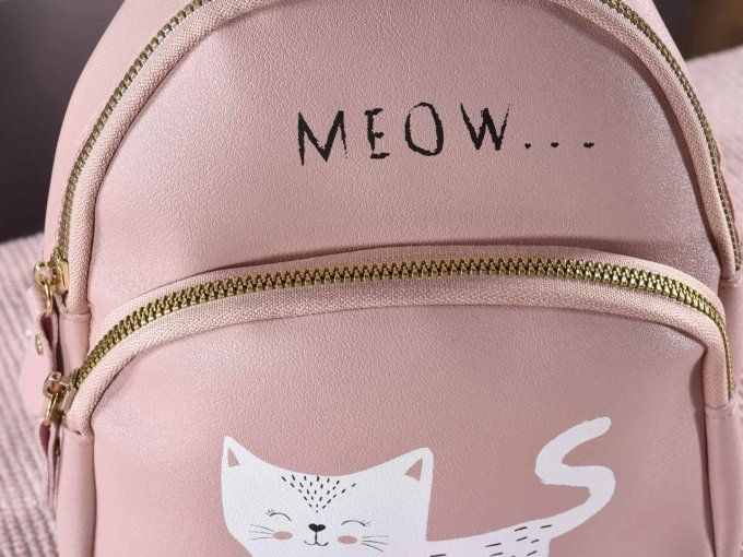 Sac à dos en similicuir avec imprimé chat "Meow"