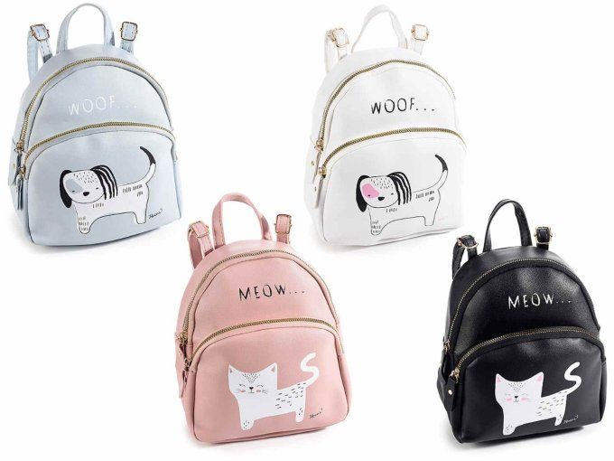 Sac à dos en similicuir avec imprimé chat "Meow"