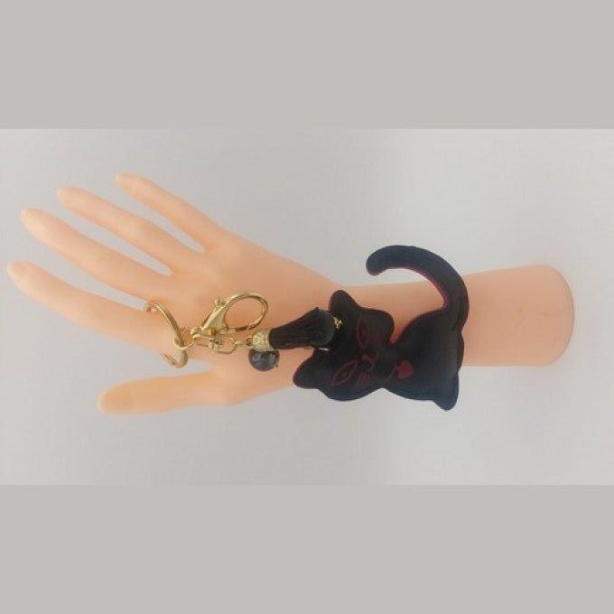 Porte-clé simili cuir chat et perles